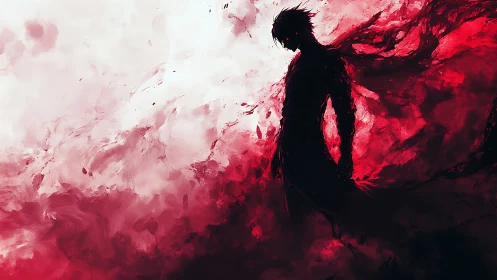 Crimson shadow figure dissolving into stormborn scarlet mist.