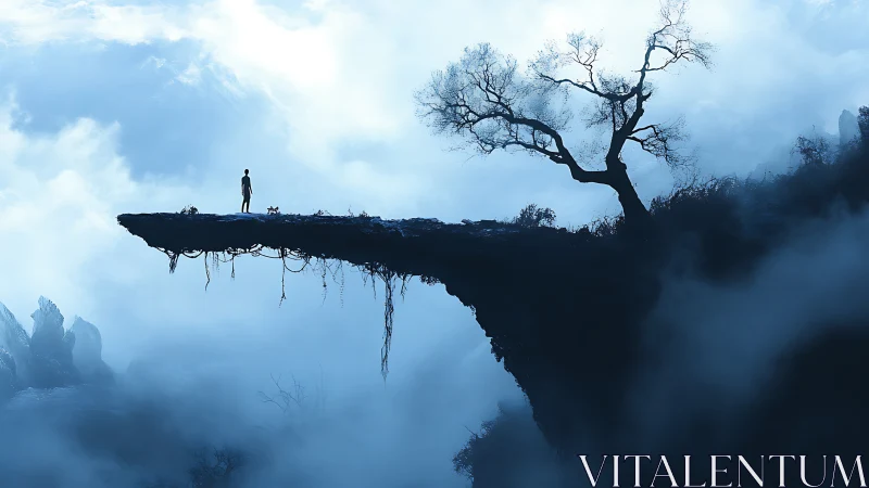 Solitary figure on fogbound cliff ledge with barren tree silhouette