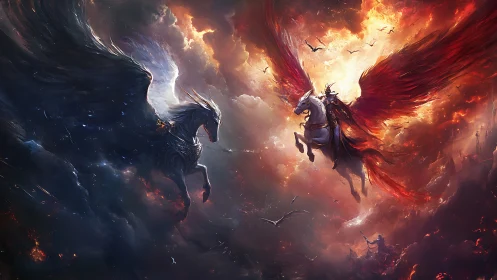 Celestial duel of winged warhorses in burning storm sky.