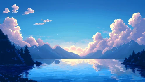 Pixel lake sunset with glowing clouds and mountain silhouettes.