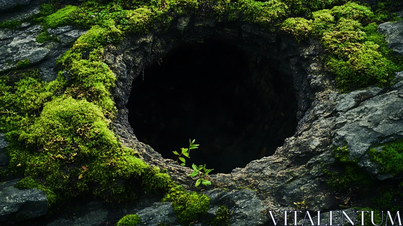 Moss-covered rock surrounds deep dark circular hole.
