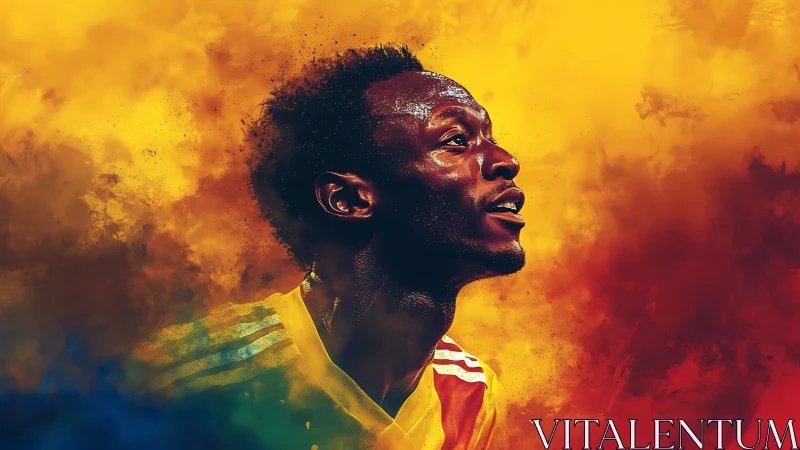 Dynamic football portrait glows in fiery abstract colors.