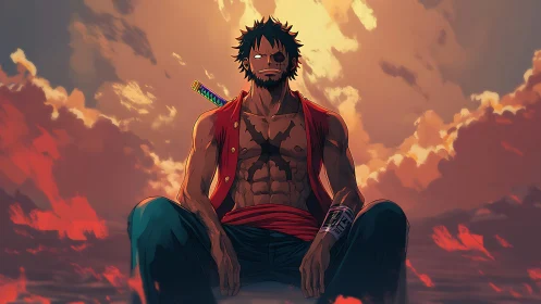 Sunset backlit anime warrior with dramatic volumetric cloudscape