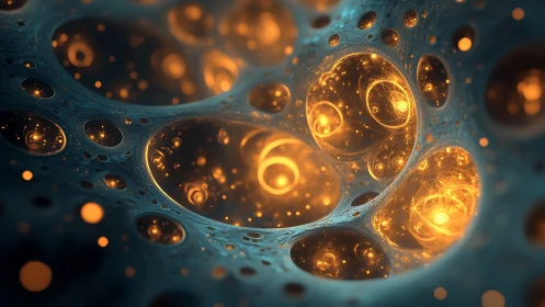 Glowing fractal orbs swirl within a cosmic cellular void