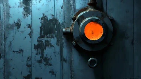 Rusted Industrial Signal Light Against Weathered Metal Wall