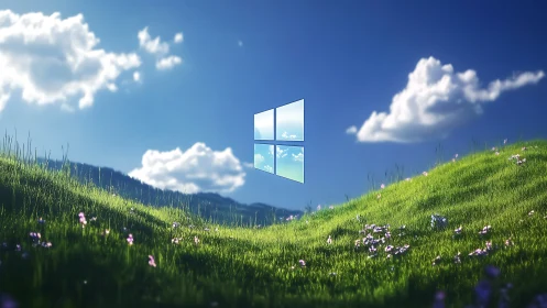 Procedural meadow vista with floating windowed sky portal.