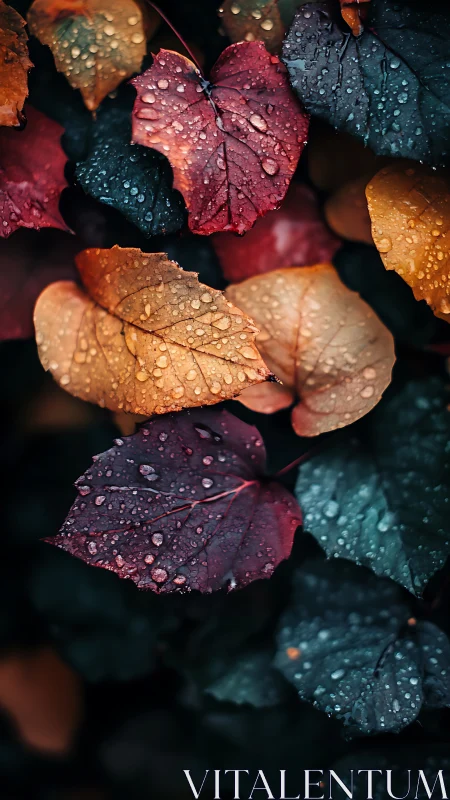 Dew-covered multicolored leaves in close-up vertical view.
