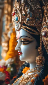 Regal goddess bust in ornate gold crown and vivid florals.