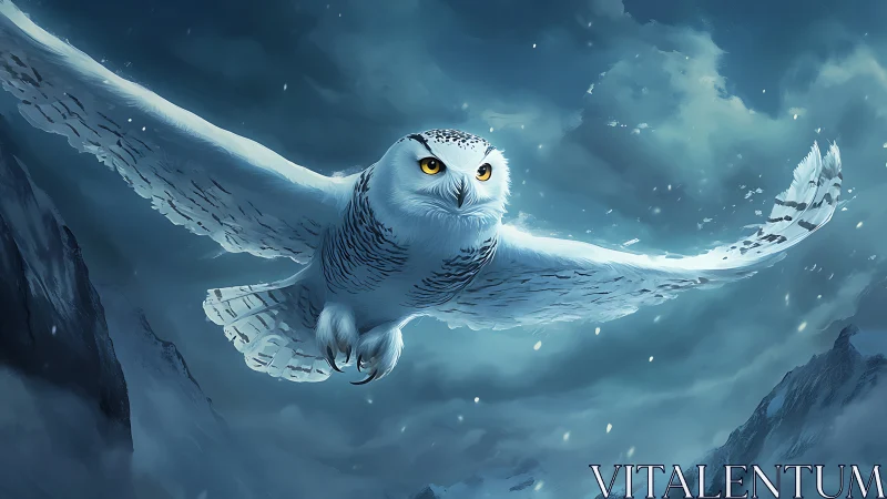 Majestic Snowy Owl in Flight Over Winter Mountains, Digital Art.