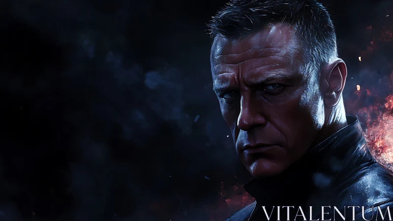 Brooding agent portrait against burning cosmic shadows.