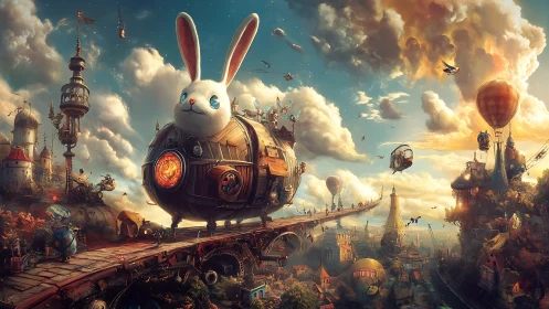 Giant rabbit airship crosses whimsical steampunk skybridge.