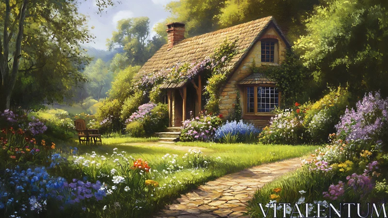 Sunlit cottage cradled in a wildflower daydream garden.