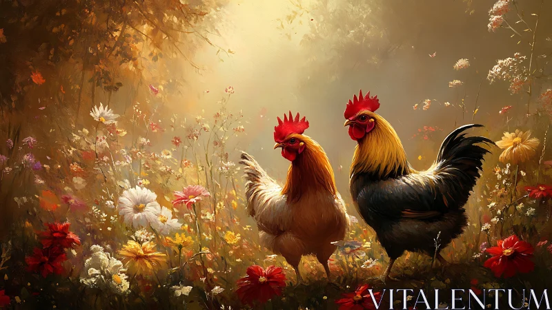 Two roosters stand among flowering plants in warm light