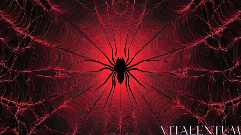 Radiant red spider silhouette centers glowing electric web.