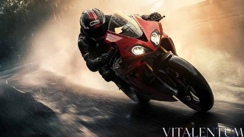 Rain-slashed asphalt bows as the red superbike carves fire