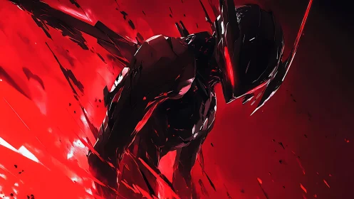 Cybernetic warrior emerges through shards of crimson light.