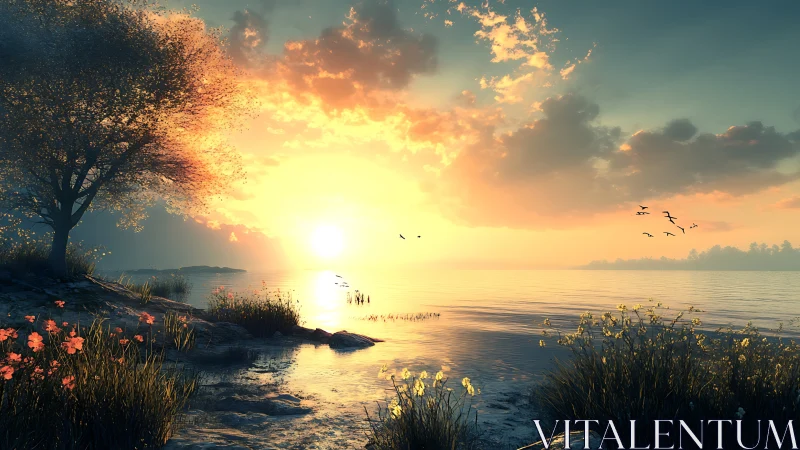 Golden lake sunset with quiet shoreline and drifting birds.