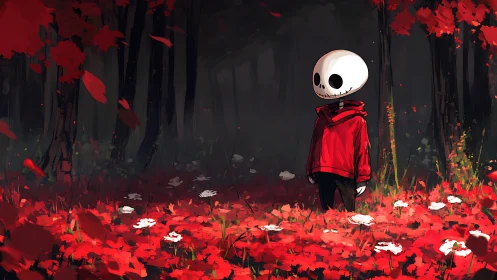 Quiet skull-headed wanderer explores a red autumn dream