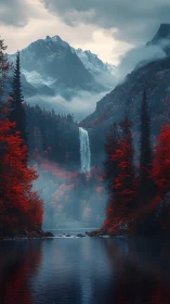 Crimson forest valley framing misty alpine waterfall vista.