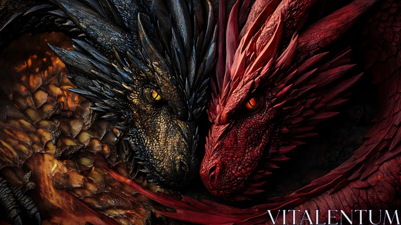 Two opposing dragons face each other in close profile