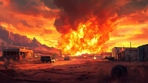 Apocalyptic desert blast engulfs derelict roadside settlement