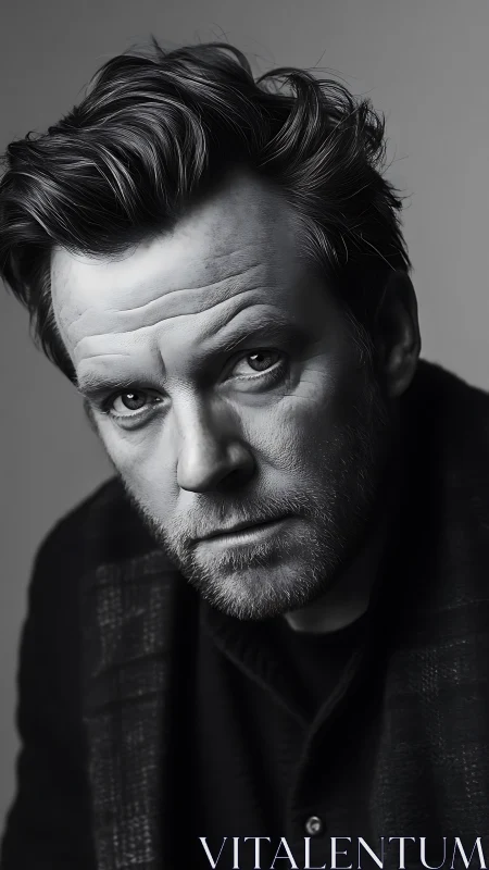 Monochrome close portrait of middle‑aged bearded man.