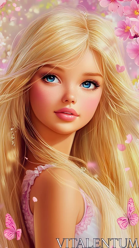 Blonde girl portrait in pink floral and butterfly scene.