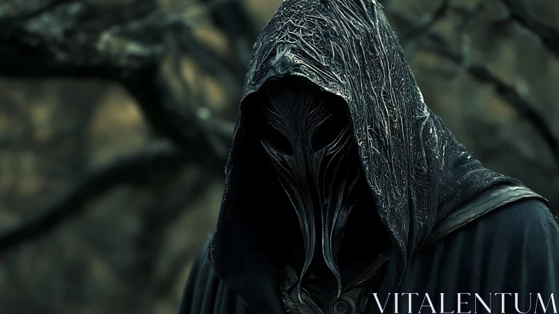 Hooded humanoid figure stands in forest with obscured face