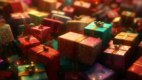 Radiant volumetric array of ribboned festive gift parcels.