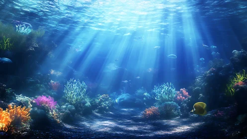 Sunlit coral garden where gentle fish wander and glow.