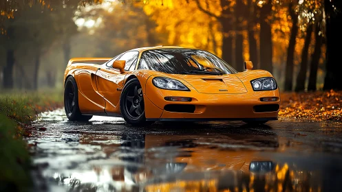 Amber supercar idling over autumn’s mirror-wet lane.