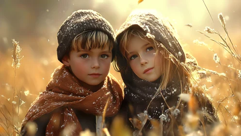 Two Children in Winter Frost with Golden Sunlit Field.
