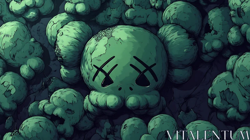 Decaying cartoon skull cluster renders dense macabre field
