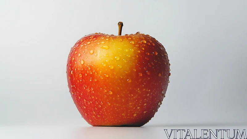 High-key studio macro of dew-covered red and yellow apple
