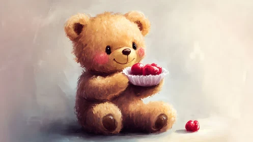 Smiling teddy bear holds bright cherries in soft light.
