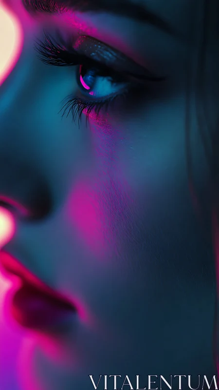 Neon-lit profile closeup in vivid cyan and magenta glow.