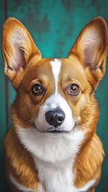 Alert corgi monarch meets teal backdrop in noble closeup.