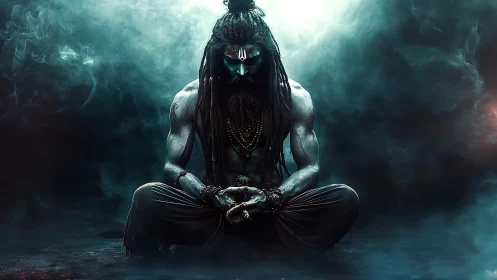 Blue-skinned ascetic sits cross-legged in dense swirling fog