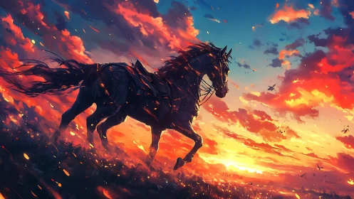 Fiery black stallion charges across a blazing sunset sky.