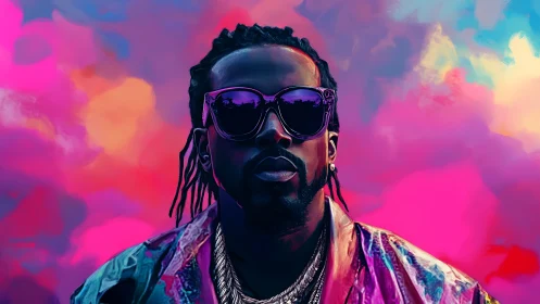 Vibrant digital portrait of man in neon sunglasses.
