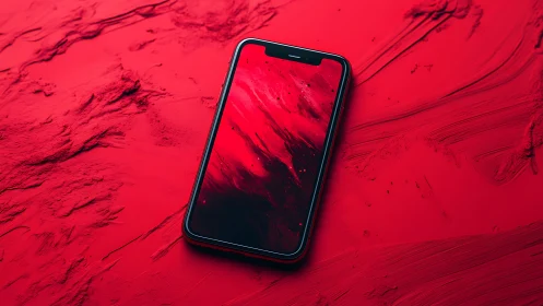 Smartphone on red textured surface creates bold monochrome contrast