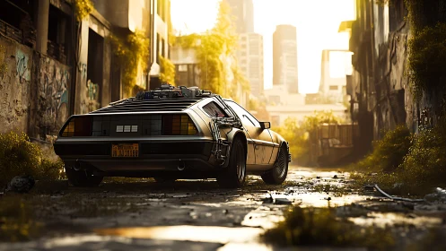 Retro sports car stands in sunlit, overgrown urban alley