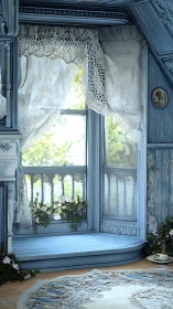 Sunlit blue window alcove with lace curtains and plants.