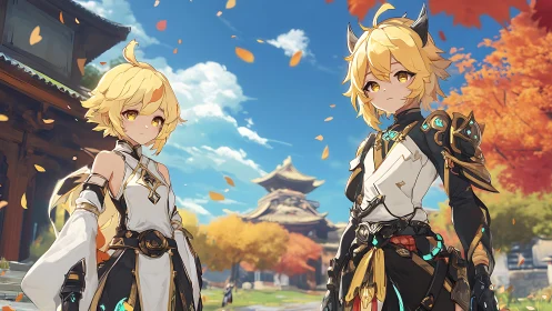 Twin anime warriors in ornate outfits under autumn sky.