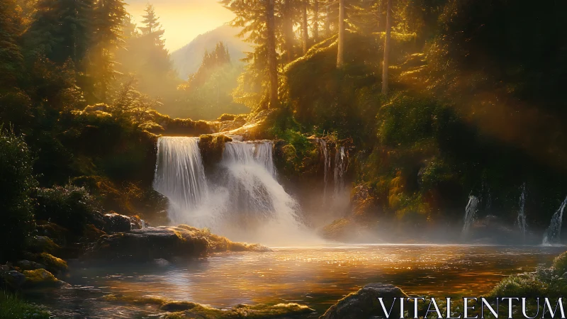 Sunlit forest waterfall and reflective pool at dawn.