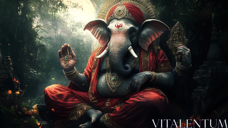 Divine elephant deity in red robes meditates in jungle sanctuary.