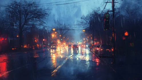 Rainy city street shows headlight reflections on wet asphalt