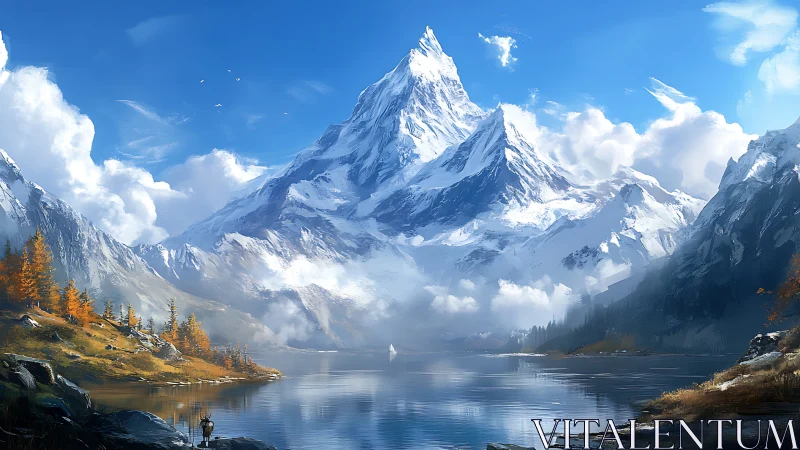 Snow crowned mountain welcomes a calm, shining alpine lake