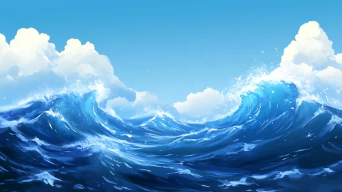 Powerful blue ocean waves under bright summer sky.