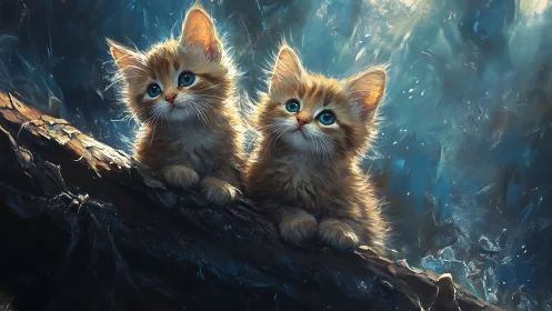 Two domestic felines positioned on charred branch structure.